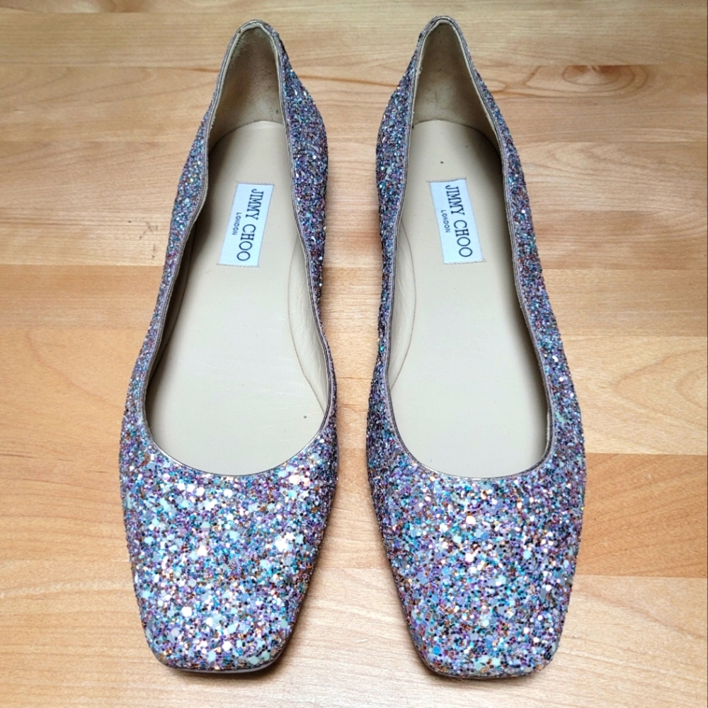 Jimmy Choo Multicolor Glitter Square-Toe Flats - Picture 3 of 15